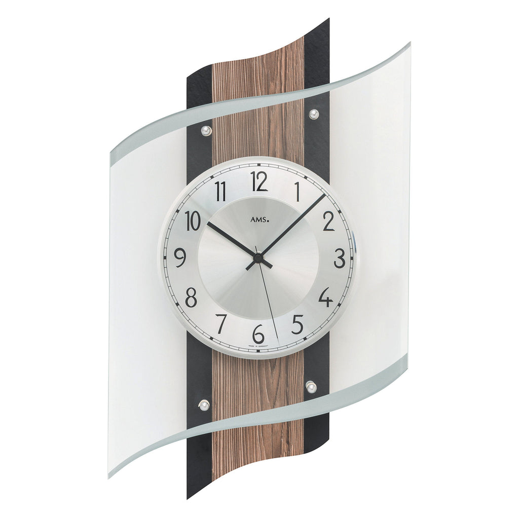 Standuhren.com 🕰️ AMS F5519 Funkwanduhr mit Holzgehäuse in Fossilstruktur, Aluminium-Zifferblatt und Mineralglas
