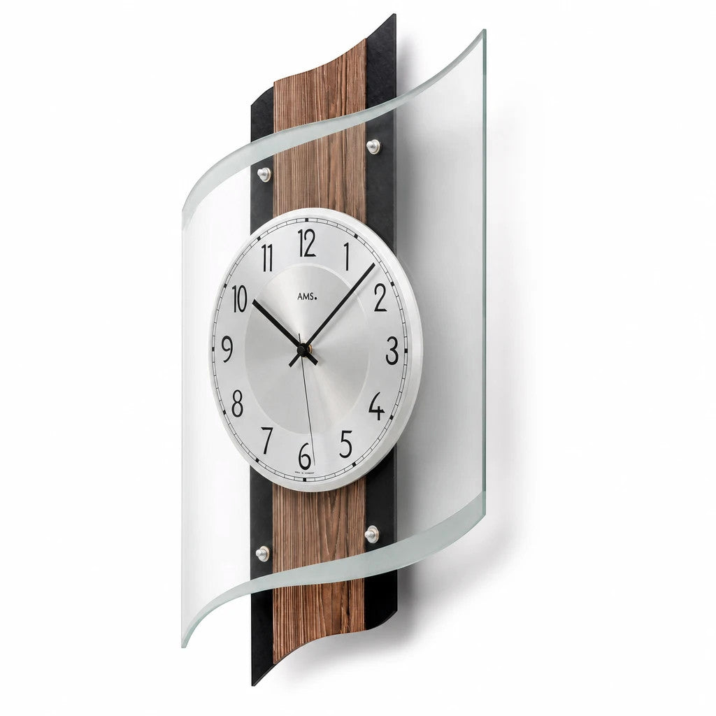 Standuhren.com 🕰️ AMS F5519 Funkwanduhr mit Holzgehäuse in Fossilstruktur, Aluminium-Zifferblatt und Mineralglas.
