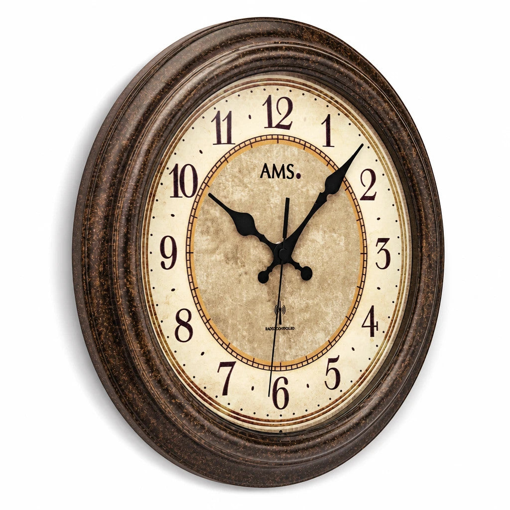 Standuhren.com 🕰️ AMS F5544 Funkwanduhr in Braun Antik mit Kunststoffgehäuse, Mineralglas und klassischem Zifferblatt