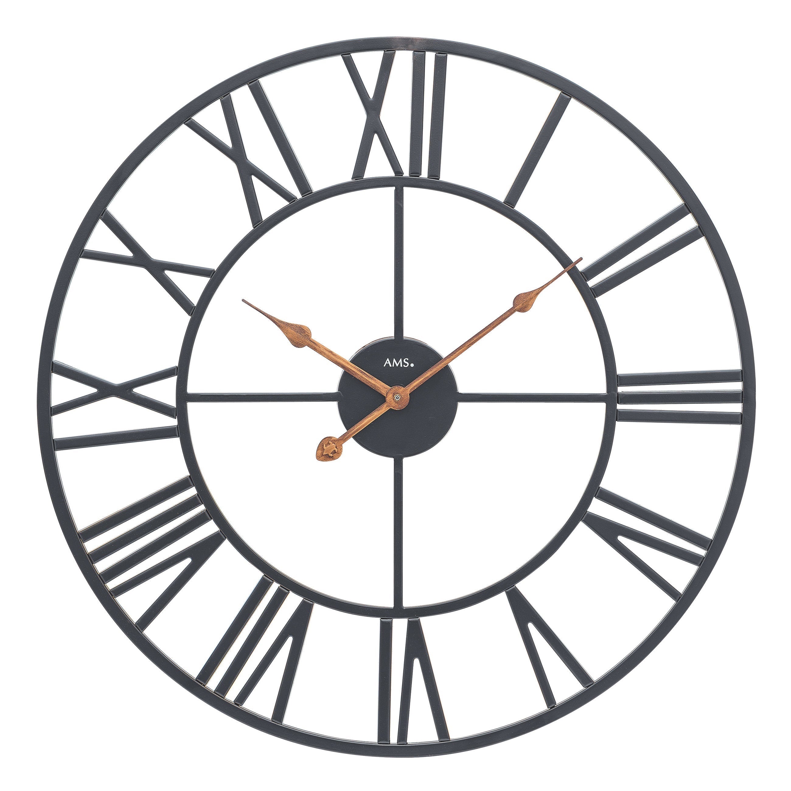 Standuhren.com 🕰️ AMS W9685 Wanduhr mit schwarzem Metallgehäuse und römischen Ziffern im modernen Design