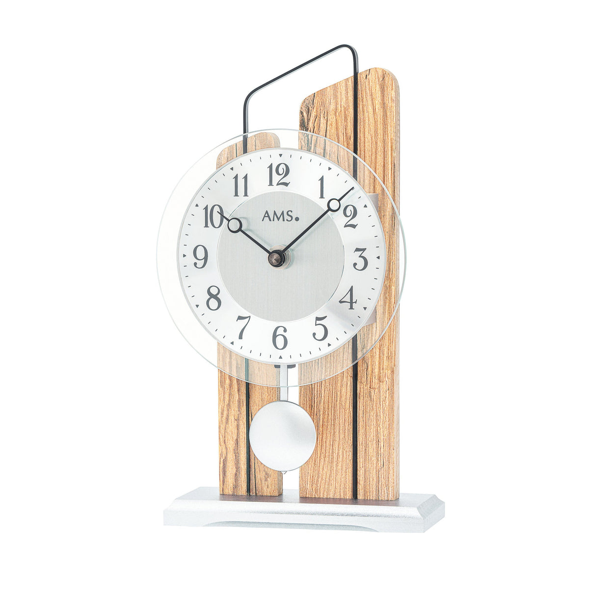 Standuhren.com 🕰️ AMS T1260 Tischuhr aus Wildeiche mit Metallzierteil, Aluminium-Zifferblatt und Mineralglas