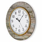 Standuhren.com 🕰️ AMS Funkwanduhr mit brauner Steinoptik, Holzgehäuse und goldenem Rand in runder Form